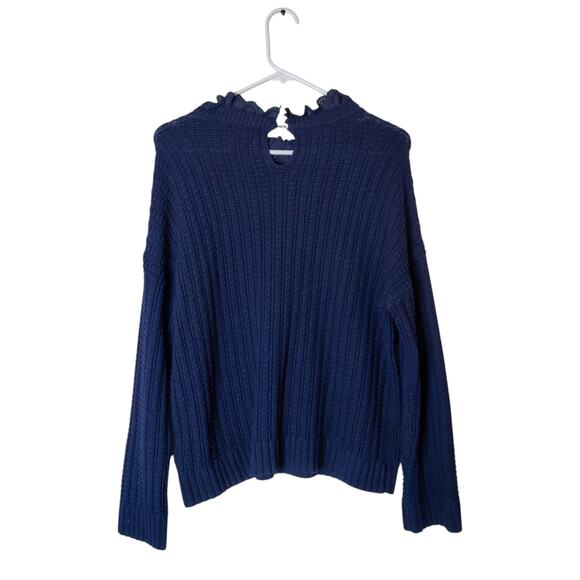 Lilla P Ruffle Eyelet Collar Stretchy Knit Cotton Sweater XS Navy Blue Preppy - Picture 2 of 10